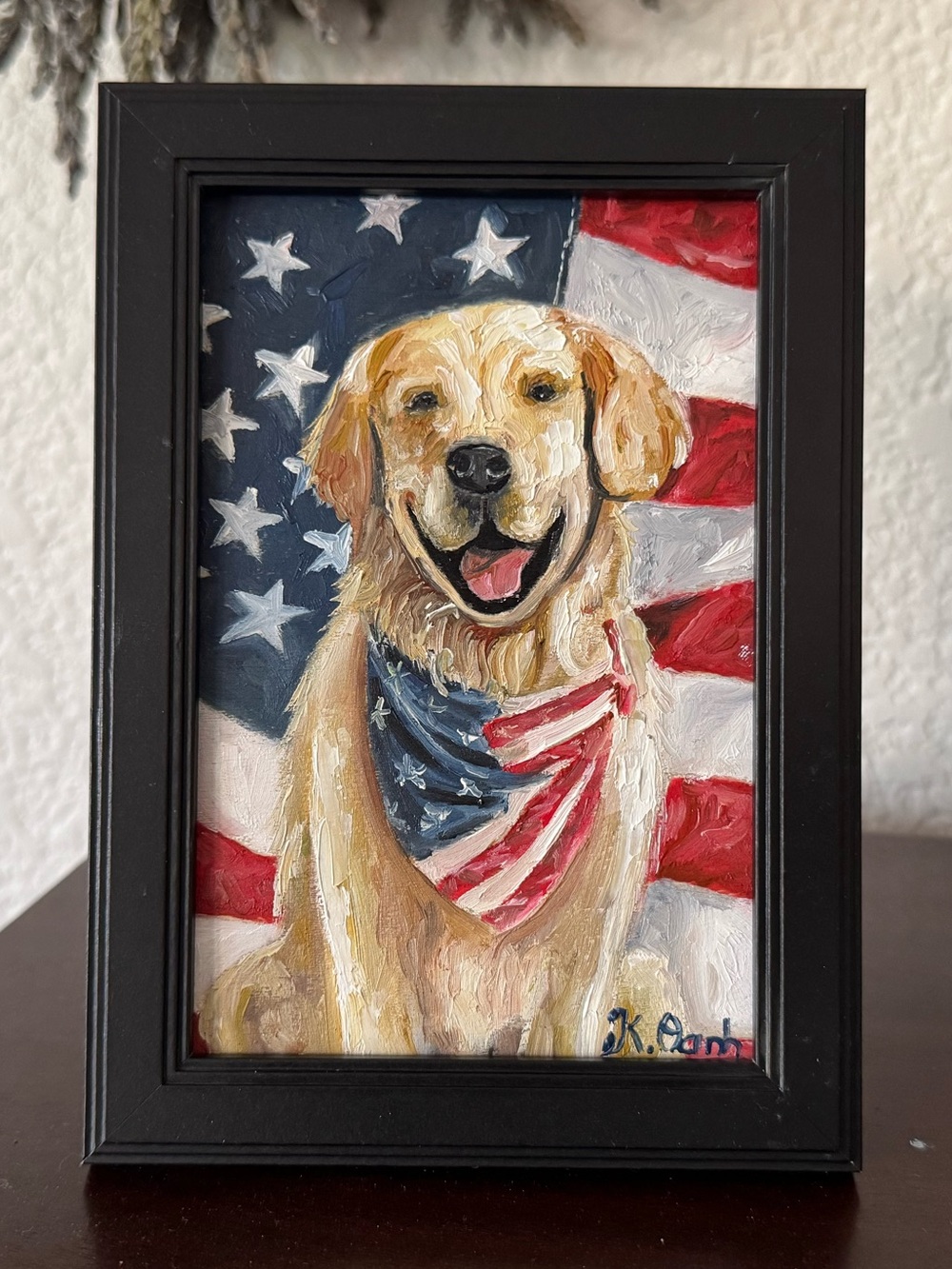 Original oil painting Patriotic Labrador Dog Portrait signed framed 4x6 inches